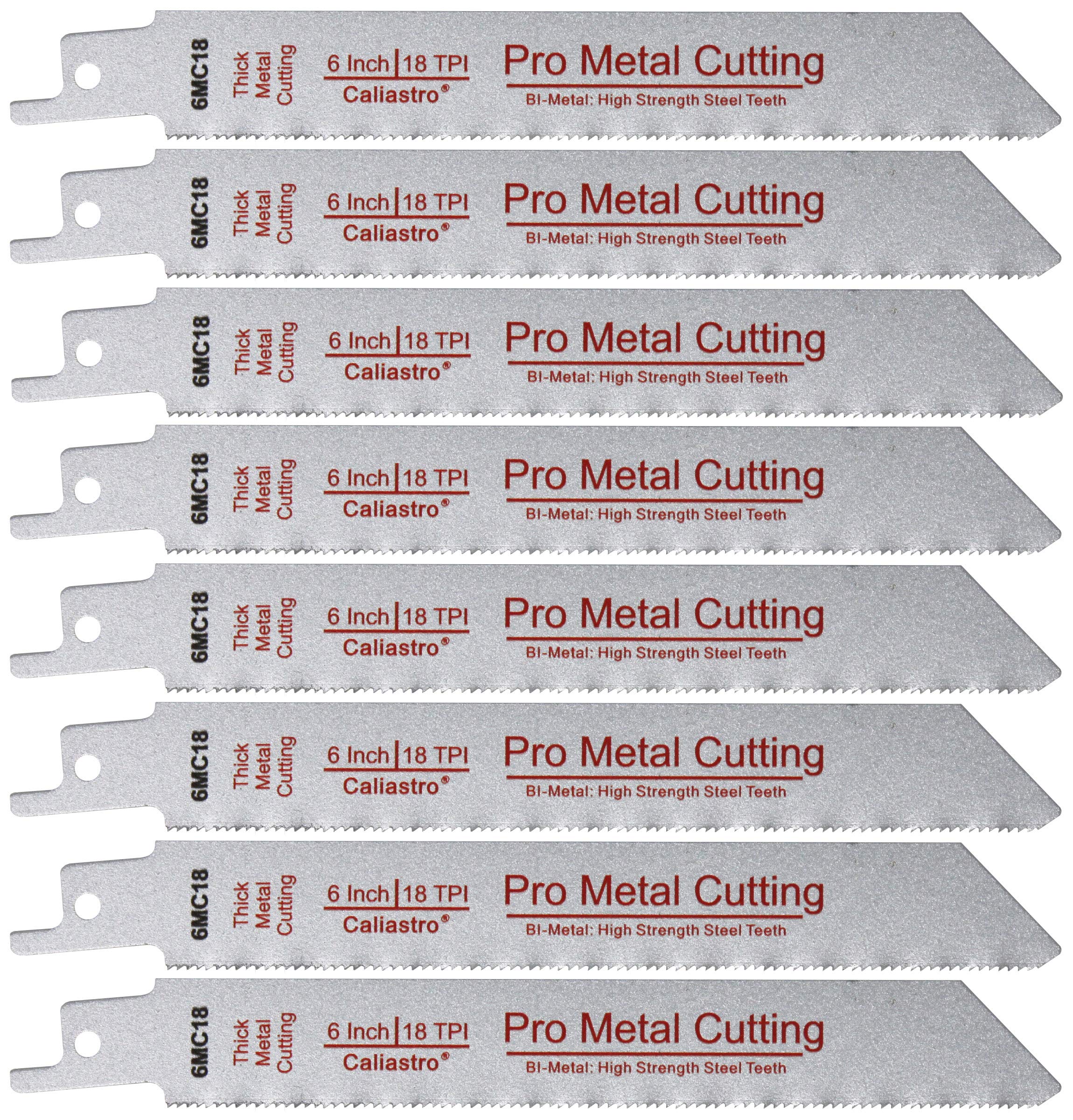 Caliastro 6-inch bi-metal blade close-up showing durable HSS teeth for fast metal cuts