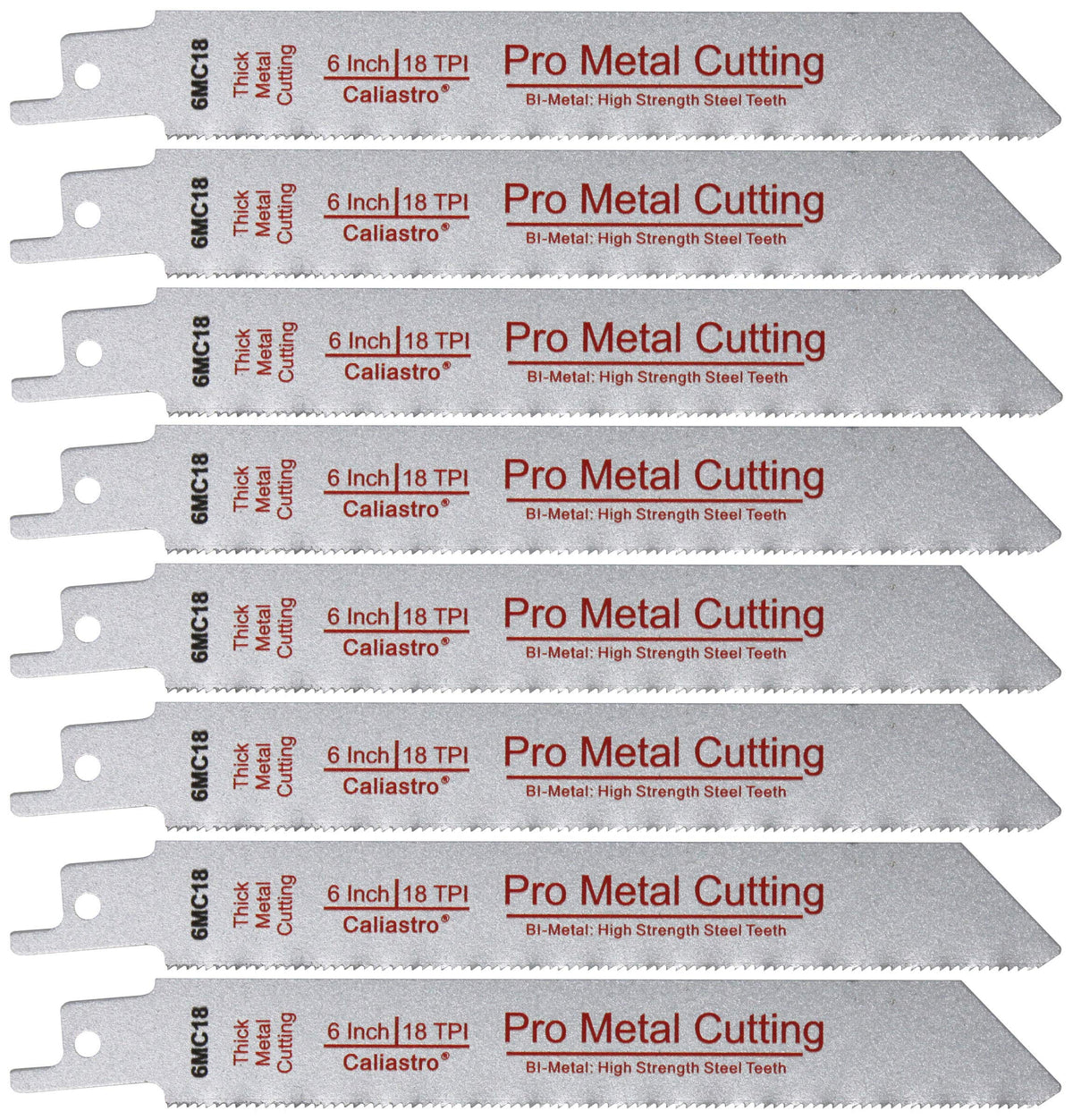 Caliastro 6-inch bi-metal blade close-up showing durable HSS teeth for fast metal cuts