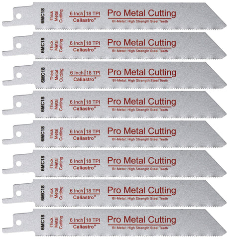 Caliastro 6-inch bi-metal blade close-up showing durable HSS teeth for fast metal cuts