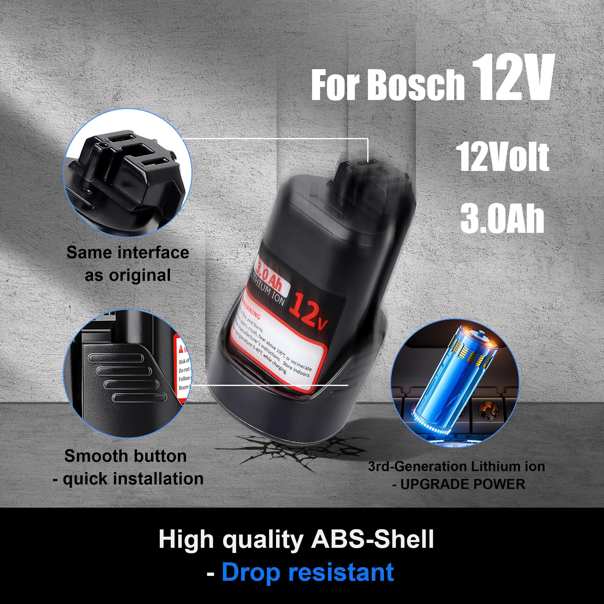 Calihutt 12V Li-ion 3000mAh battery powering longer Bosch work sessions.