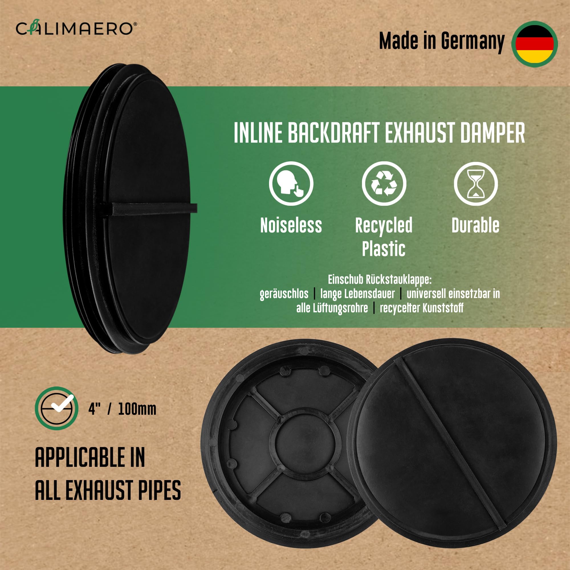 Calimaero 4-Inch dryer vent damper demonstrates draft protection around the dryer.