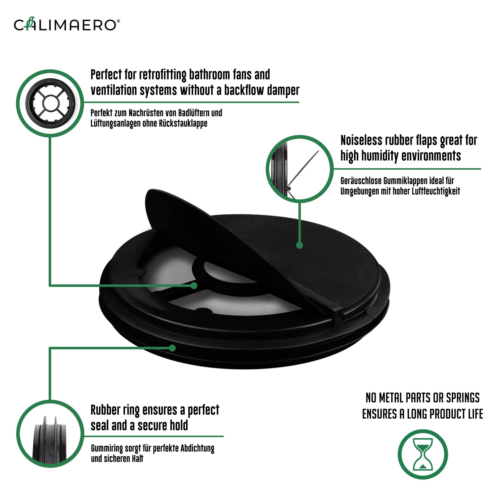 Calimaero bathroom exhaust damper in 4inch keeps humidity from re-entering.