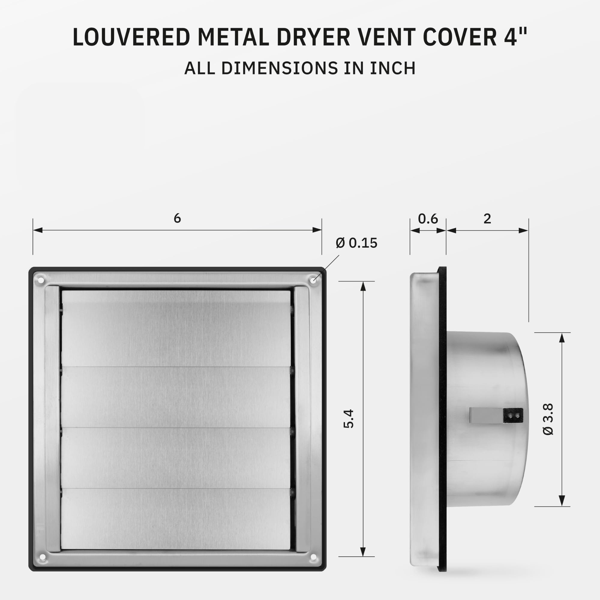 Calimaero VKE 4in dryer vent cover side view showing rust-resistant brushed stainless steel