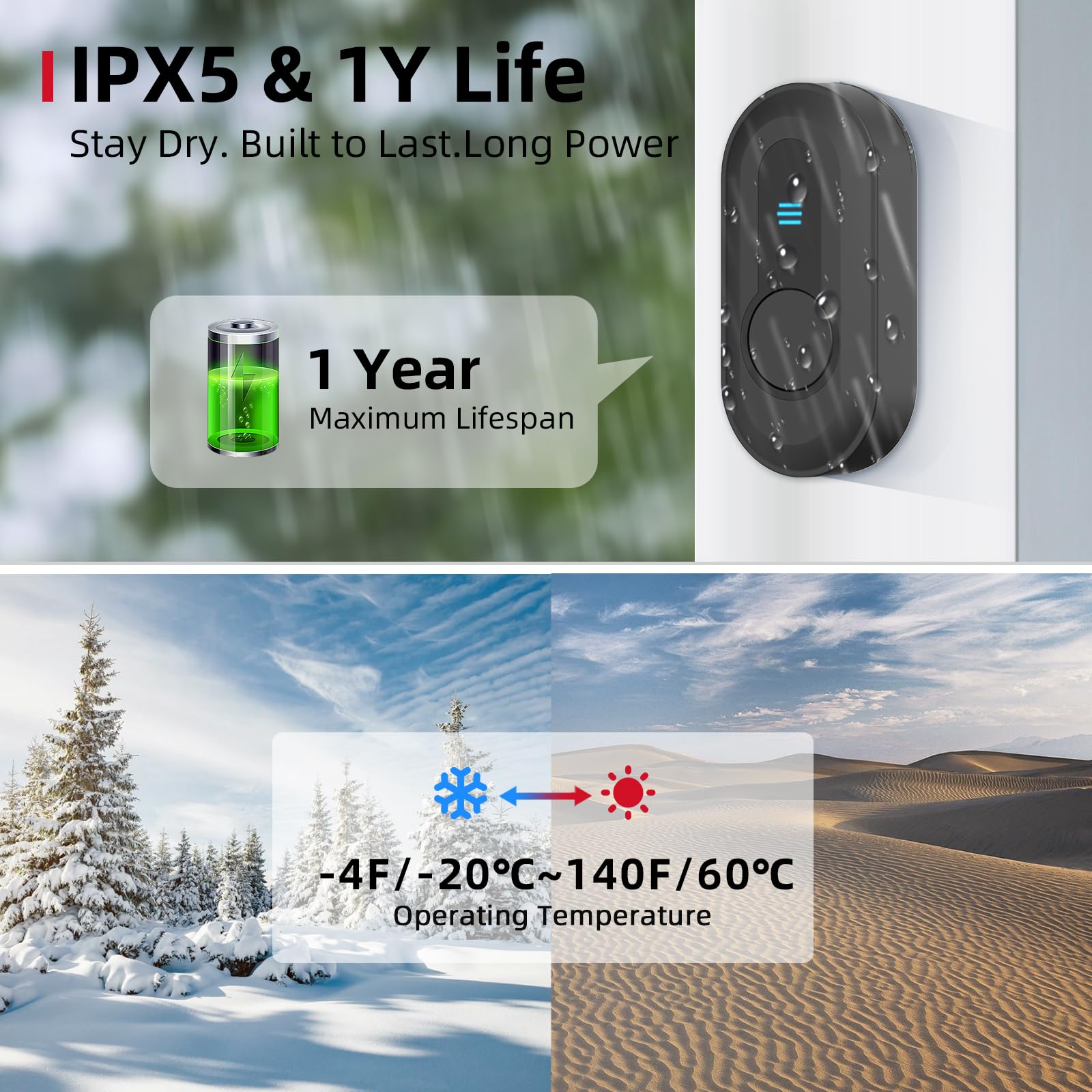 CallToU IPX5 waterproof doorbell withstands rain and temperature changes.