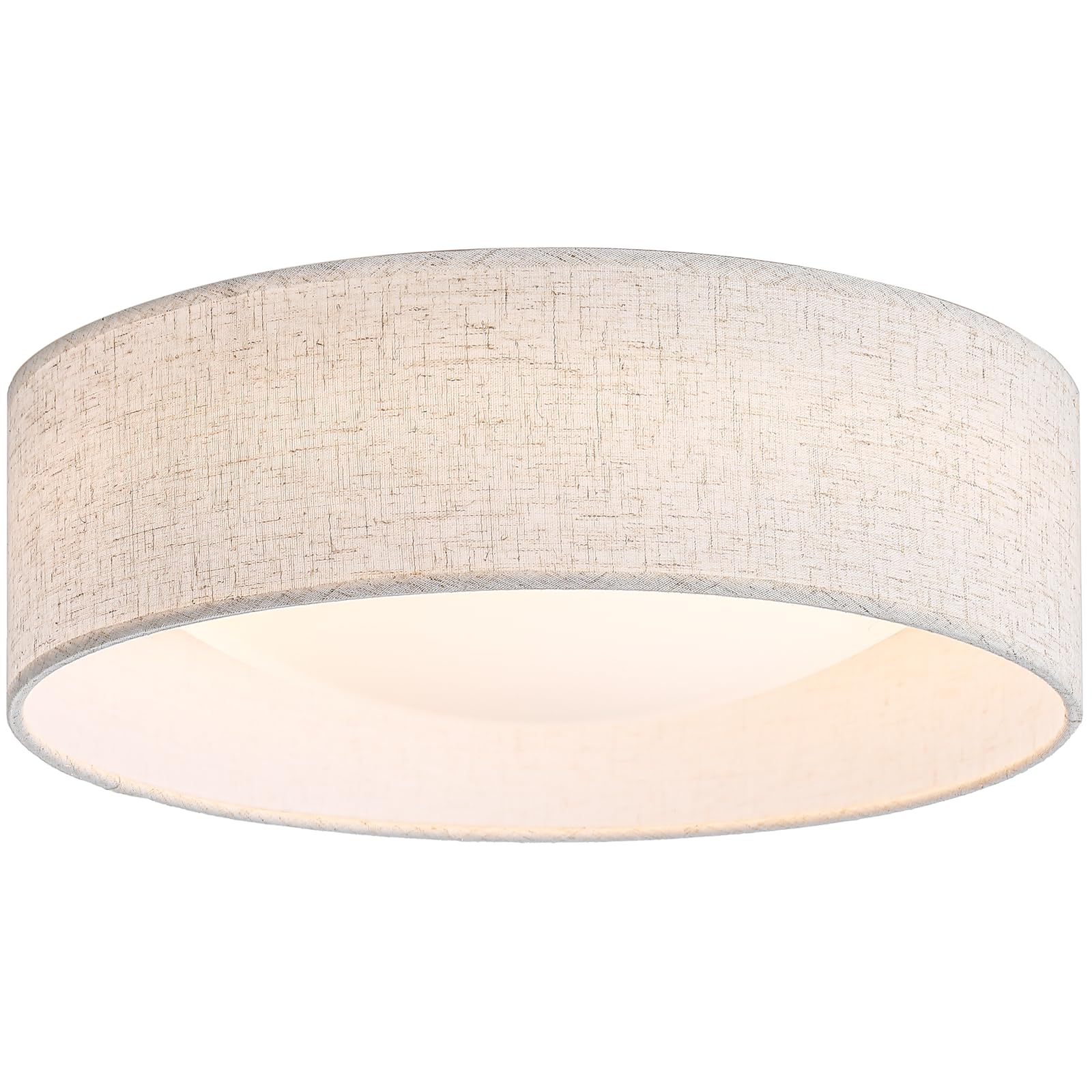CALOKES 13-inch fabric flush mount shade close-up shows natural linen texture and warm light.