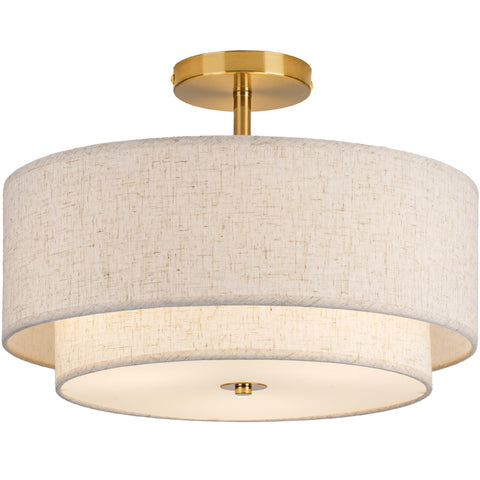 CALOKES 16 inch double drum gold ceiling light with three bulbs for modern living rooms.