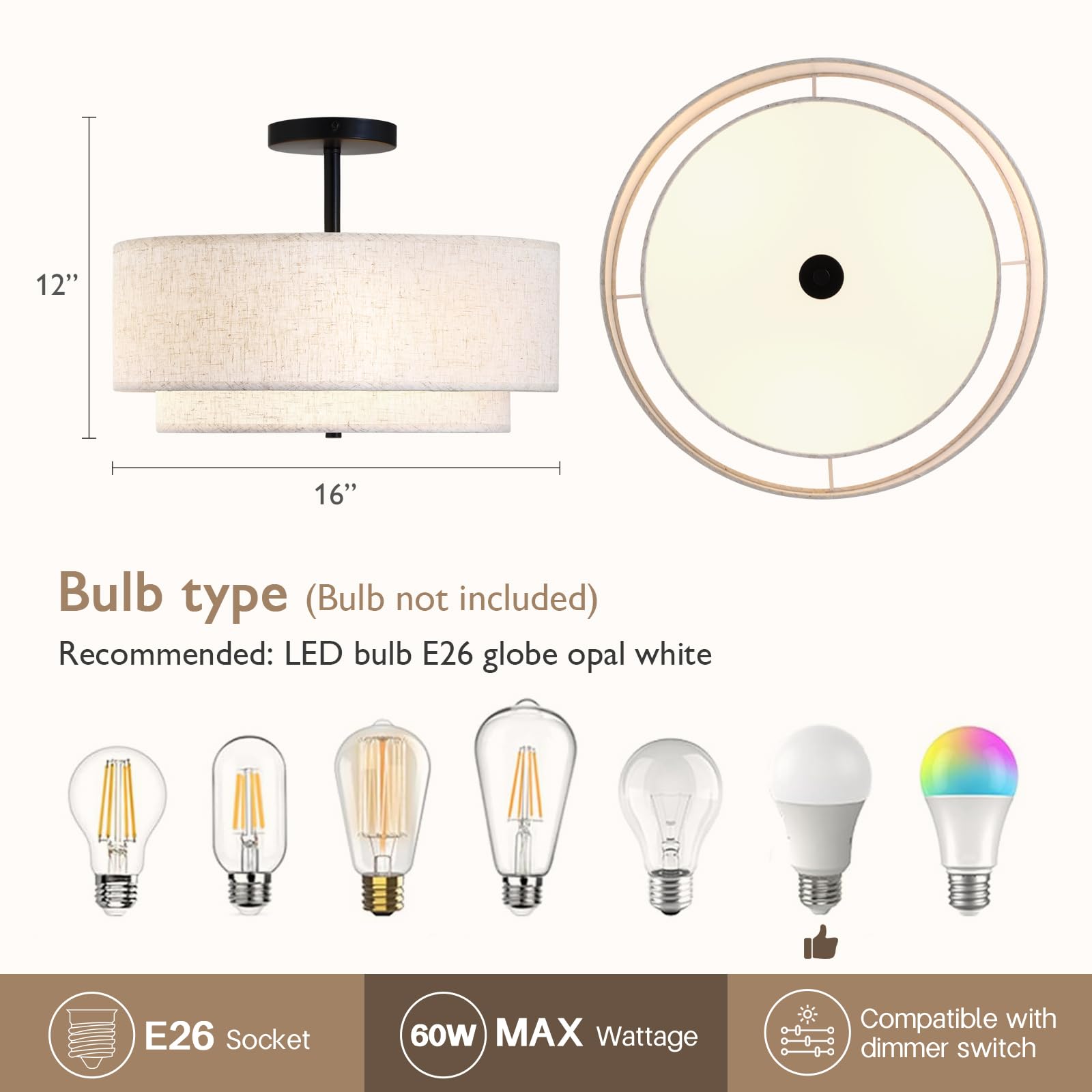 CALOKES 16-inch double drum ceiling light side angle with slim profile