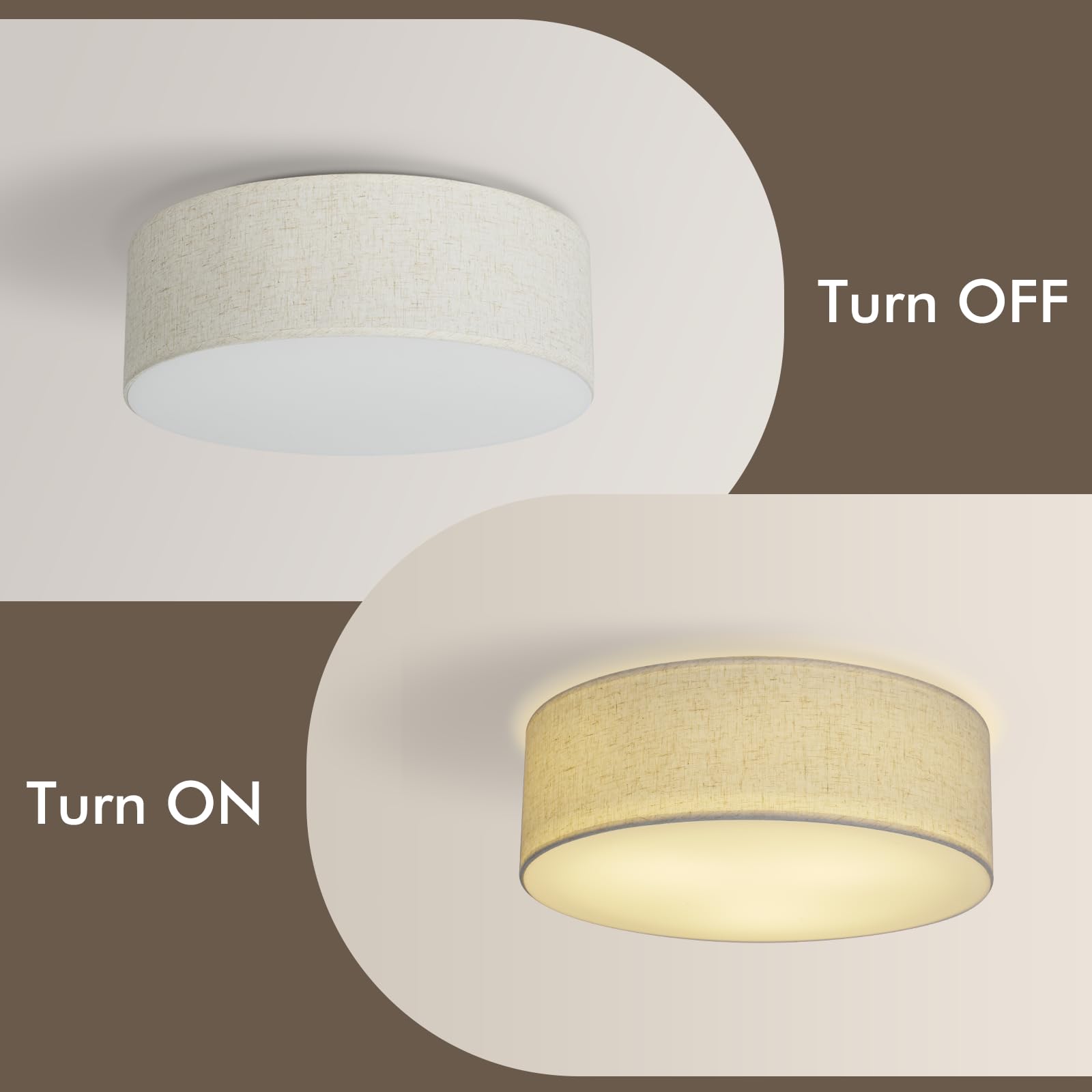 CALOKES drum ceiling light showing white gauze inner layer and linen outer fabric for warm ambience