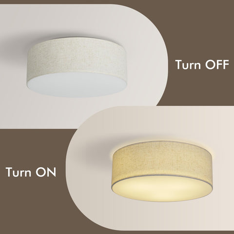 CALOKES drum ceiling light showing white gauze inner layer and linen outer fabric for warm ambience