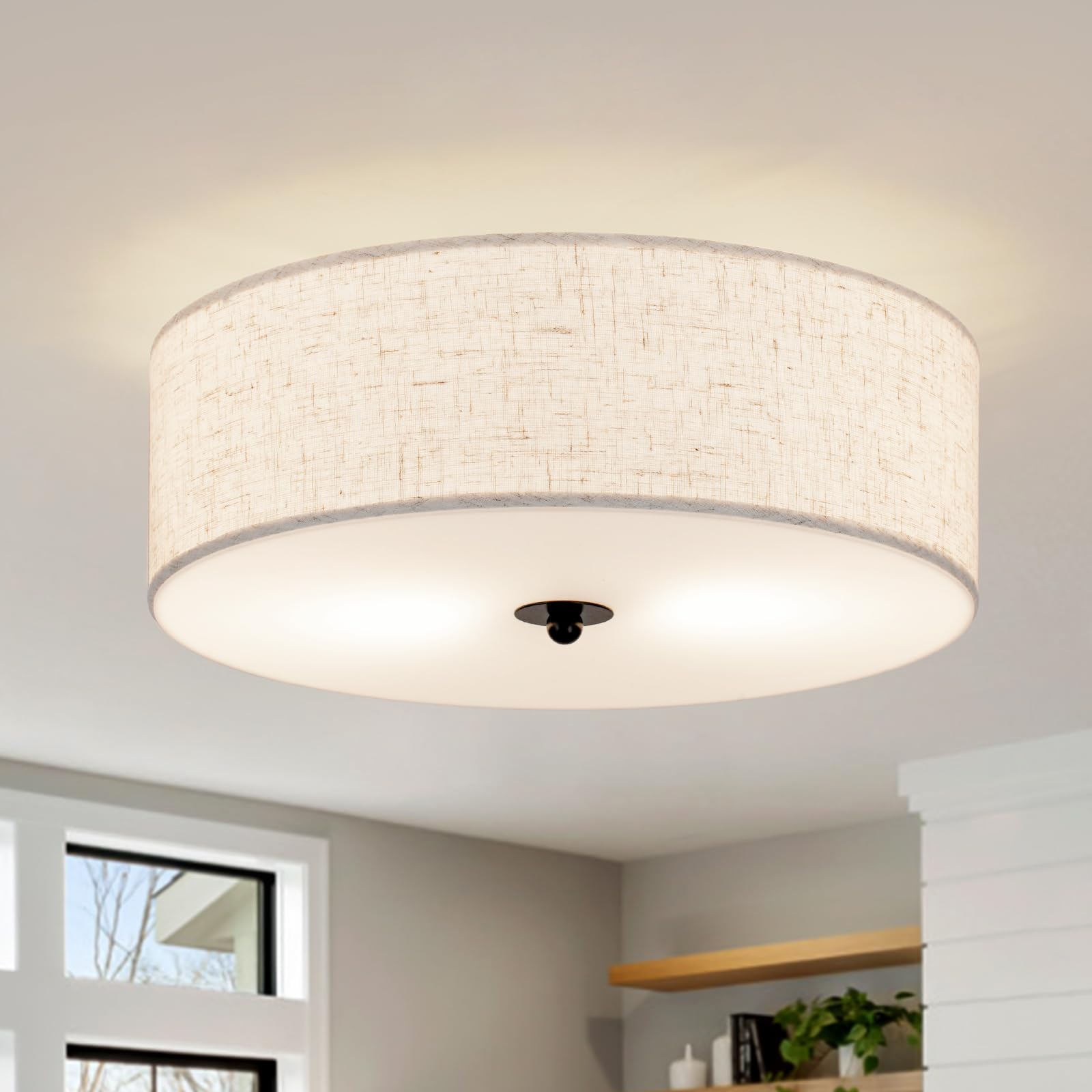 CALOKES flush mount ceiling light with beige shade provides soft, inviting lighting