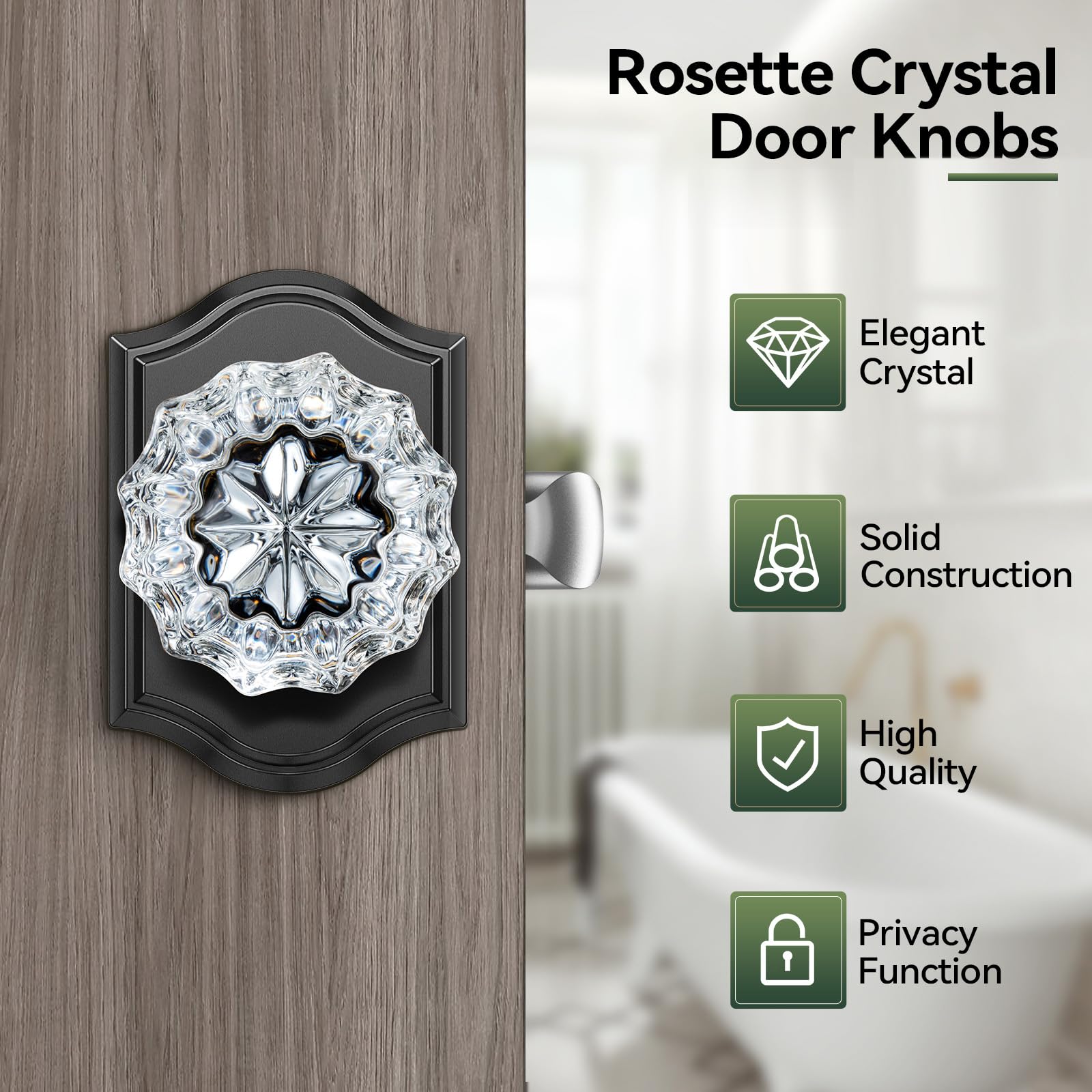 Close-up of Calzibeno black crystal door knob showing crystal rosette detail.