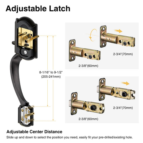 Calzibeno adjustable latch and bolt for versatile door hole spacing