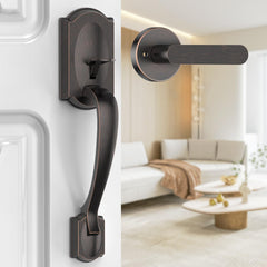 Calzibeno oil rubbed bronze front door handle closeup showing durable exterior finish