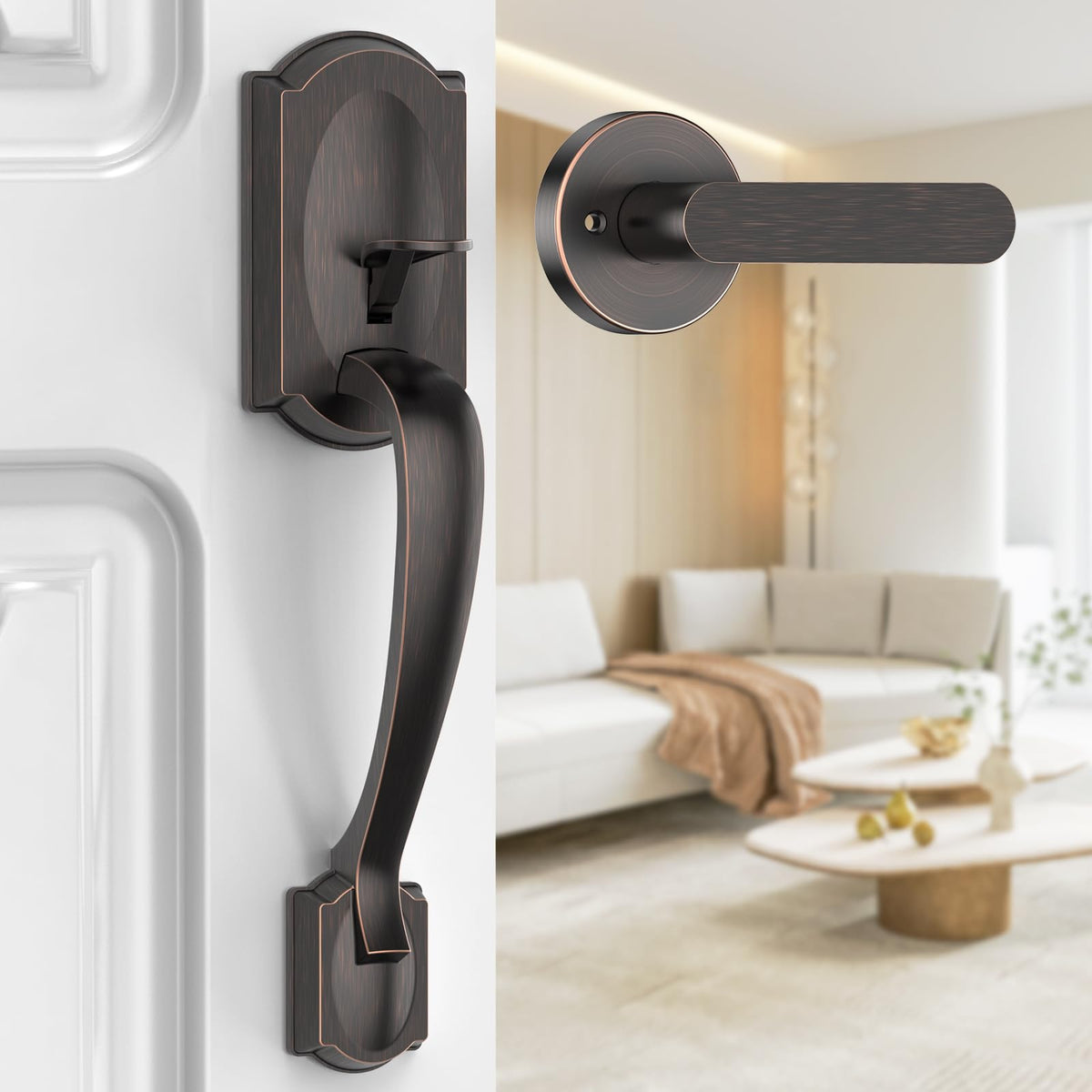 Calzibeno oil rubbed bronze front door handle closeup showing durable exterior finish