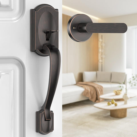 Calzibeno oil rubbed bronze front door handle closeup showing durable exterior finish