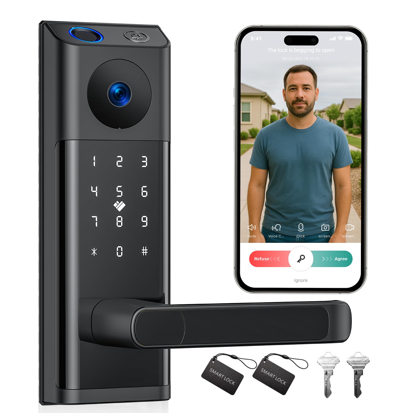 Camcamp WiFi Video Smart Lock mounted on a front door for seamless keyless entry and monitoring.