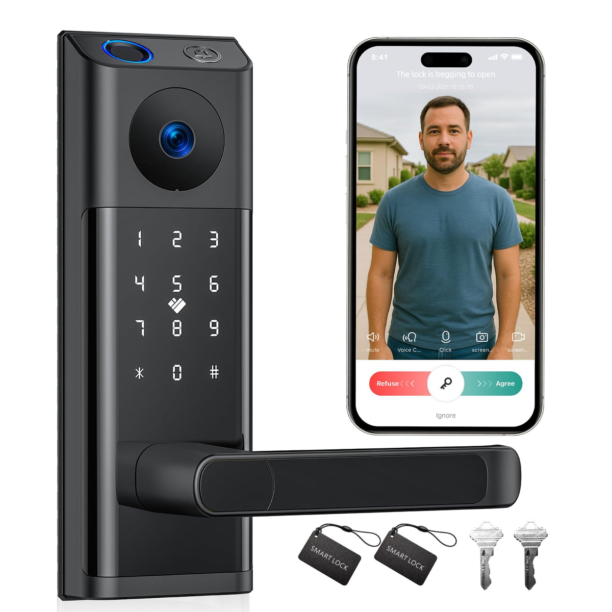 Camcamp WiFi Video Smart Lock mounted on a front door for seamless keyless entry and monitoring.
