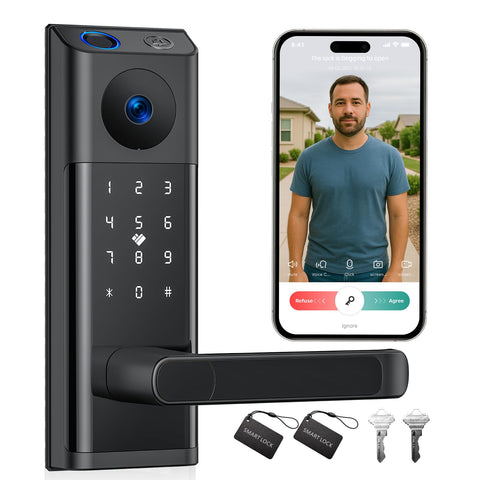 Camcamp WiFi Video Smart Lock mounted on a front door for seamless keyless entry and monitoring.