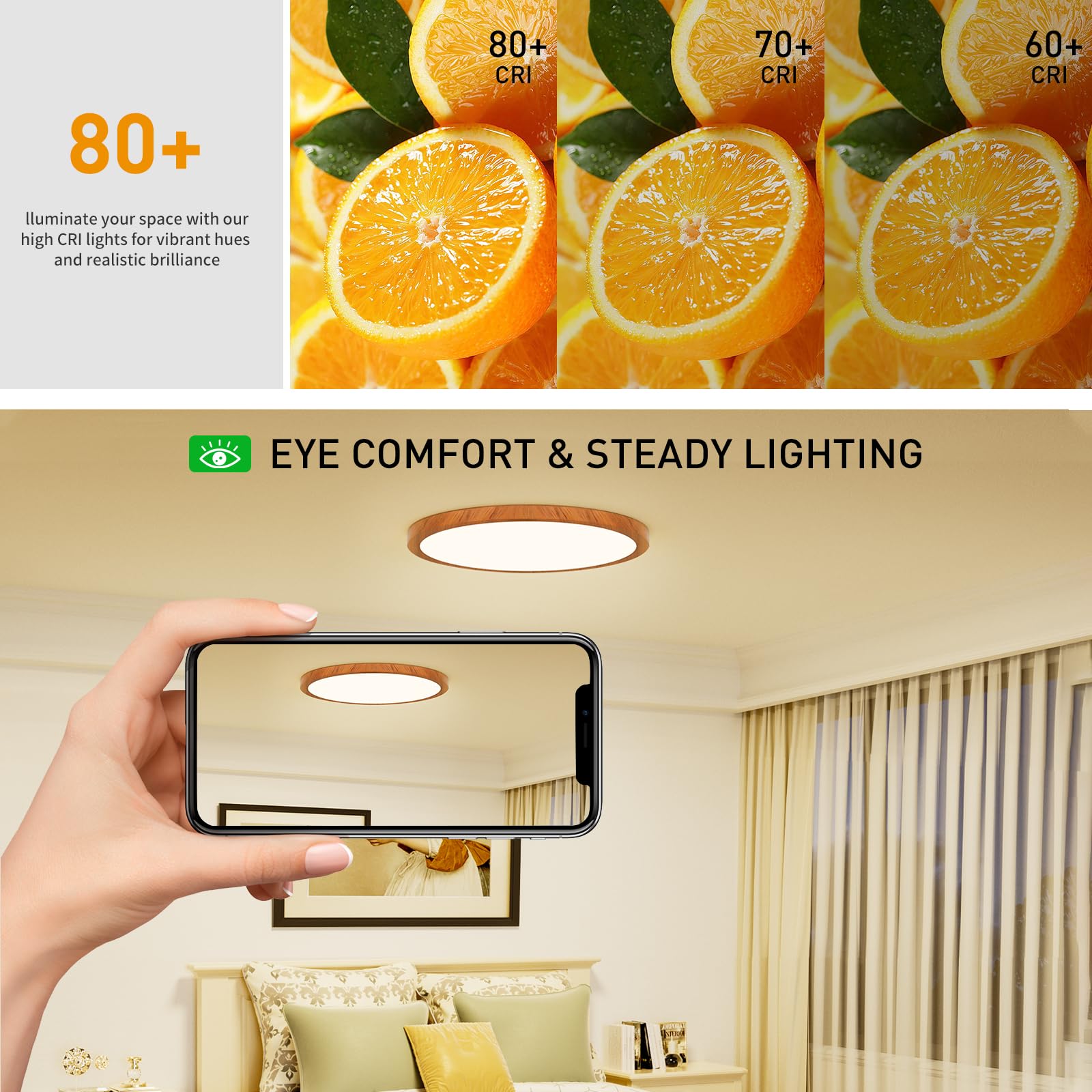 CAMCLIM ceiling light back panel showing three color temperatures for versatile ambience.