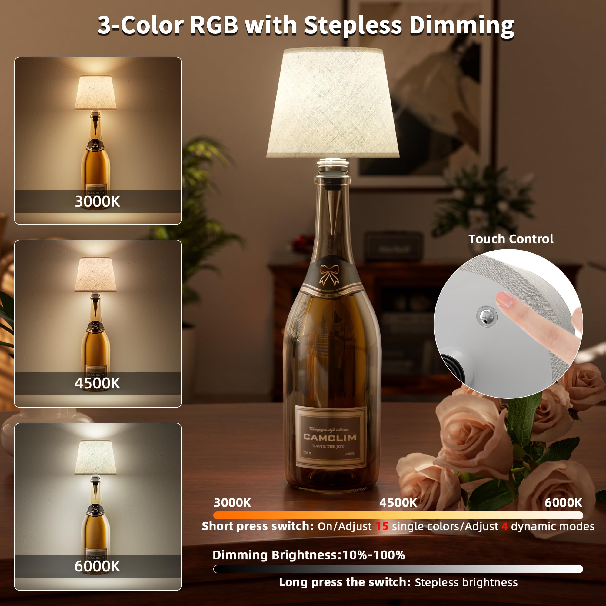 CAMCLIM dimmable bottle light with stepless brightness control
