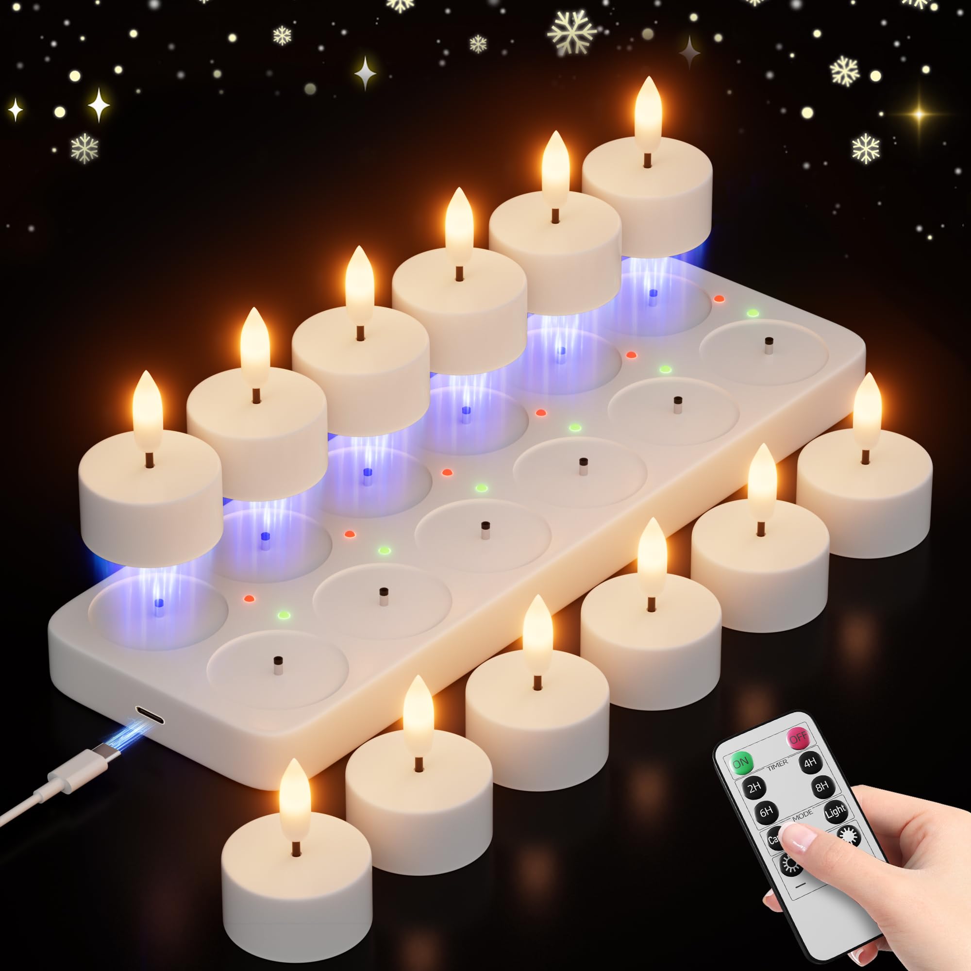 CAMCLIM charging station with green indicators keeps tea lights ready.