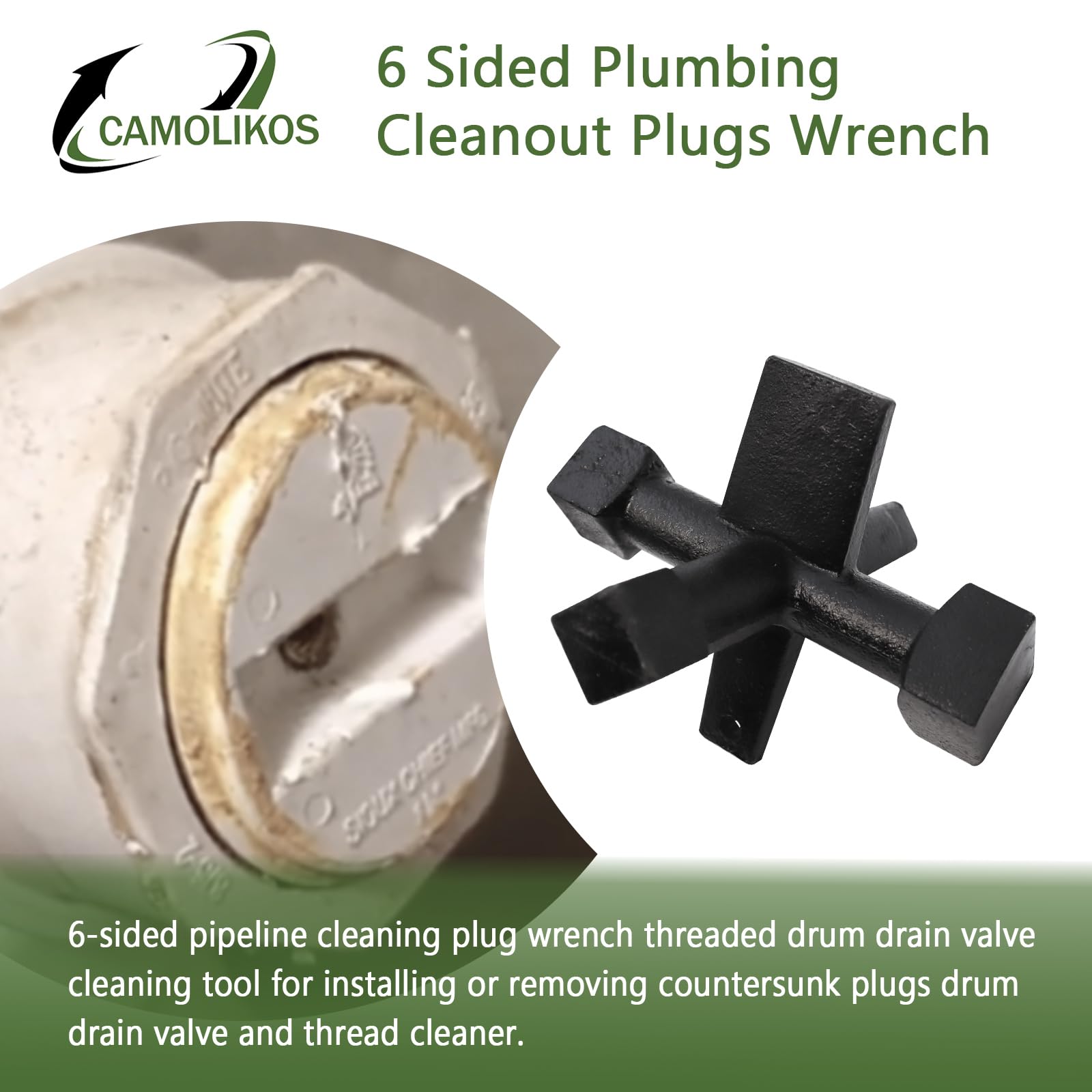 CAMOLIKOS drum trap cleanout tool assists installing and removing countersunk plugs and traps.