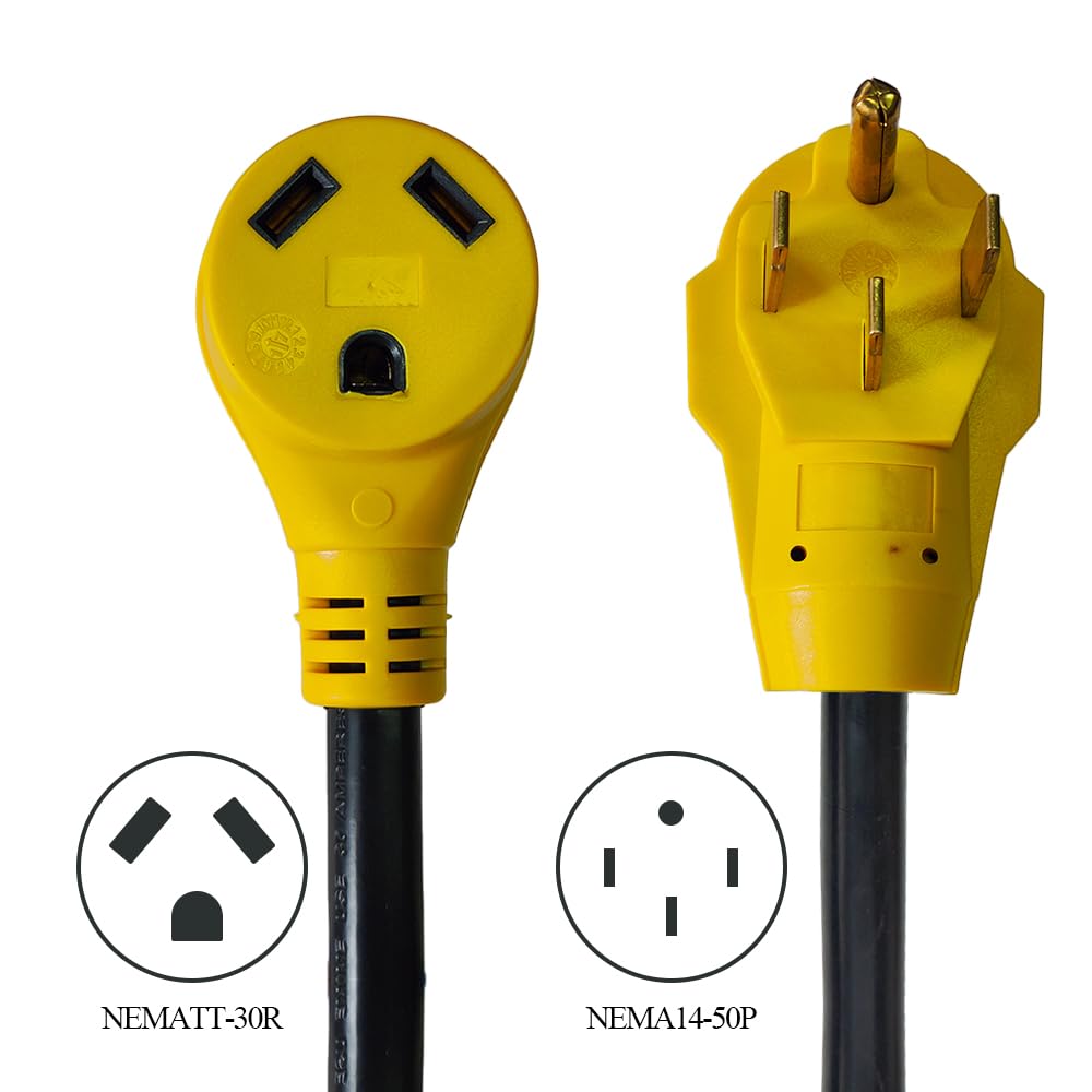 CAMPELIFY NEMA14-50P to TT-30R cord with clearly labeled ends for RV hookups.