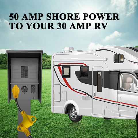 CAMPELIFY RV adapter safety label emphasizing correct usage and ratings.