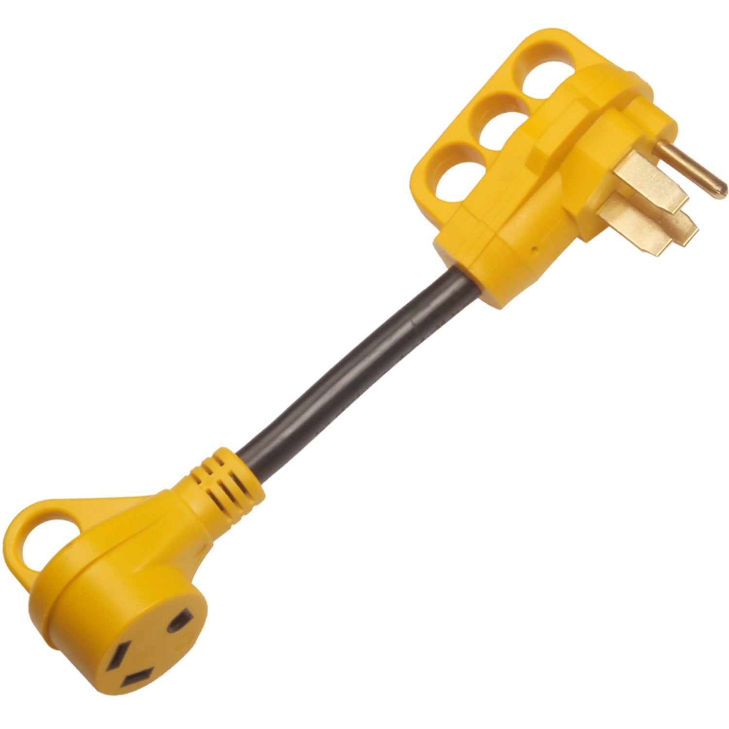 CAMPELIFY RV power adapter showing 50A male to 30A female connector for safe shore power.