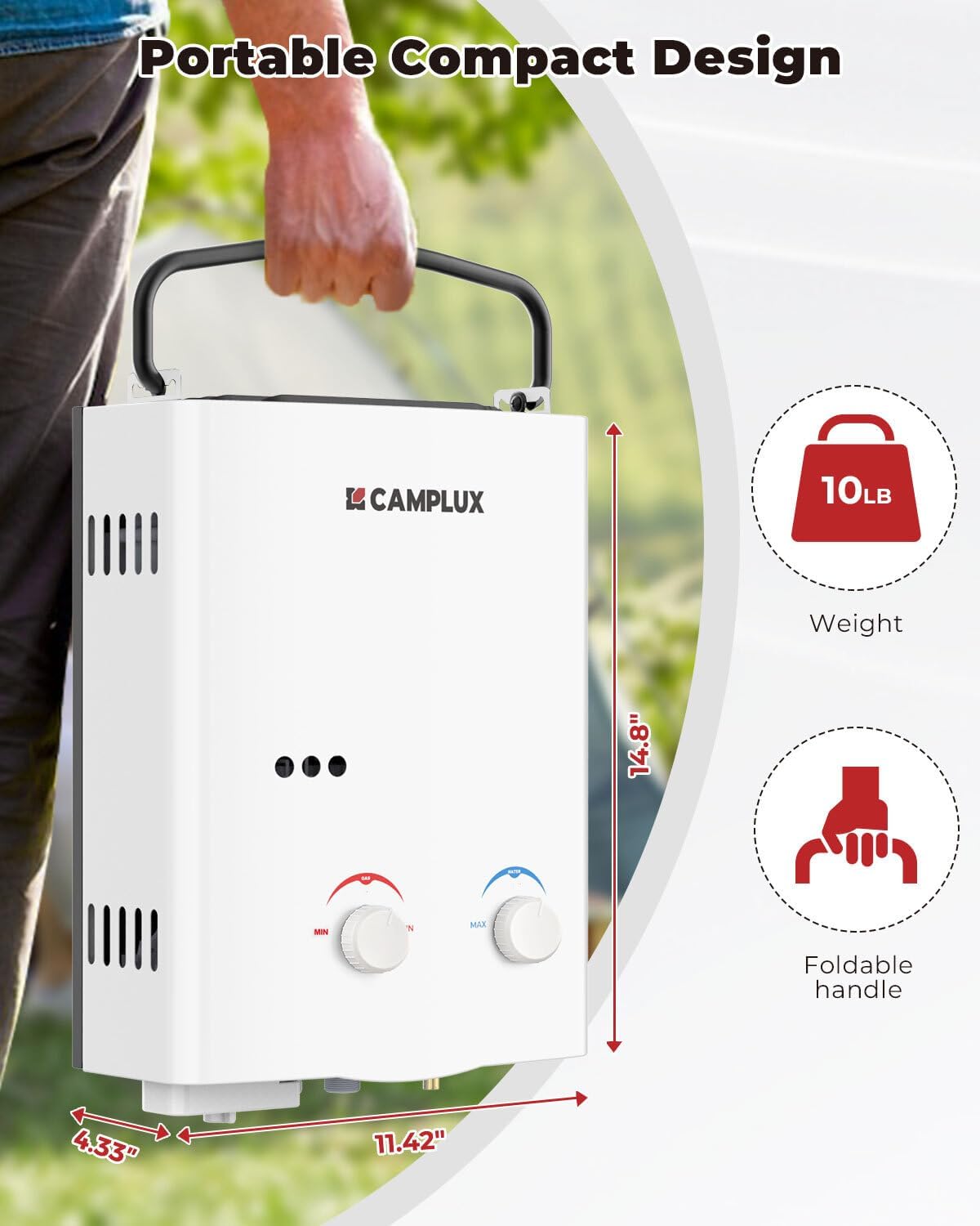 Camplux AY132 compact outdoor unit ready for camp use.