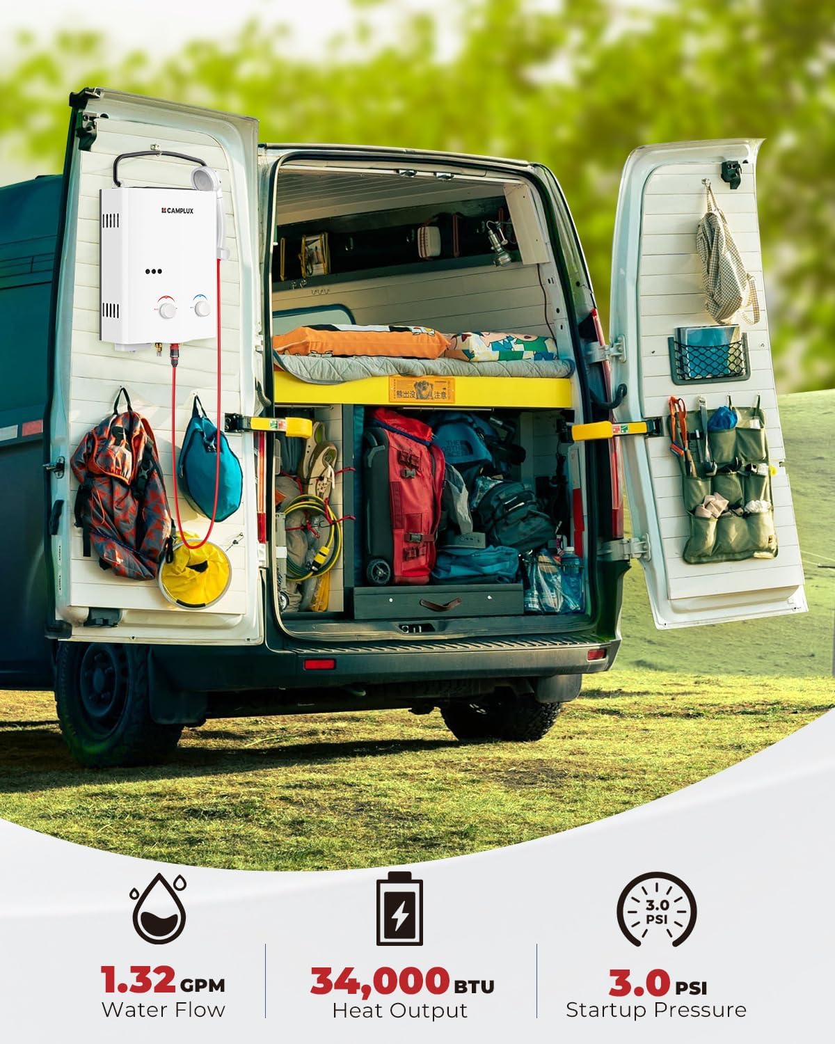 Camplux AY132 folding handle aids portable installation at the campsite.