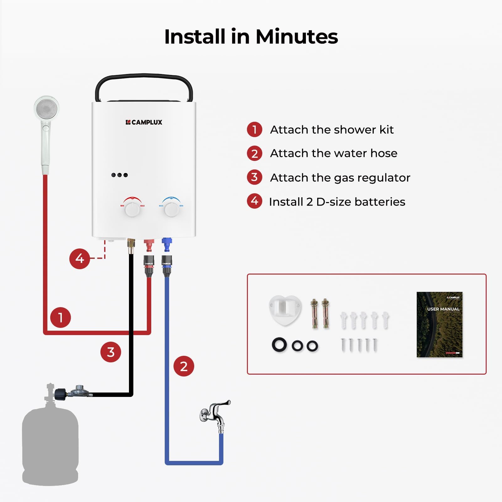 Camplux AY132 includes essential accessories for quick outdoor setup.