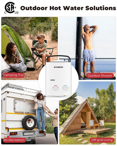 Camplux AY132 temperature rise up to 46°C enables warm outdoor water.