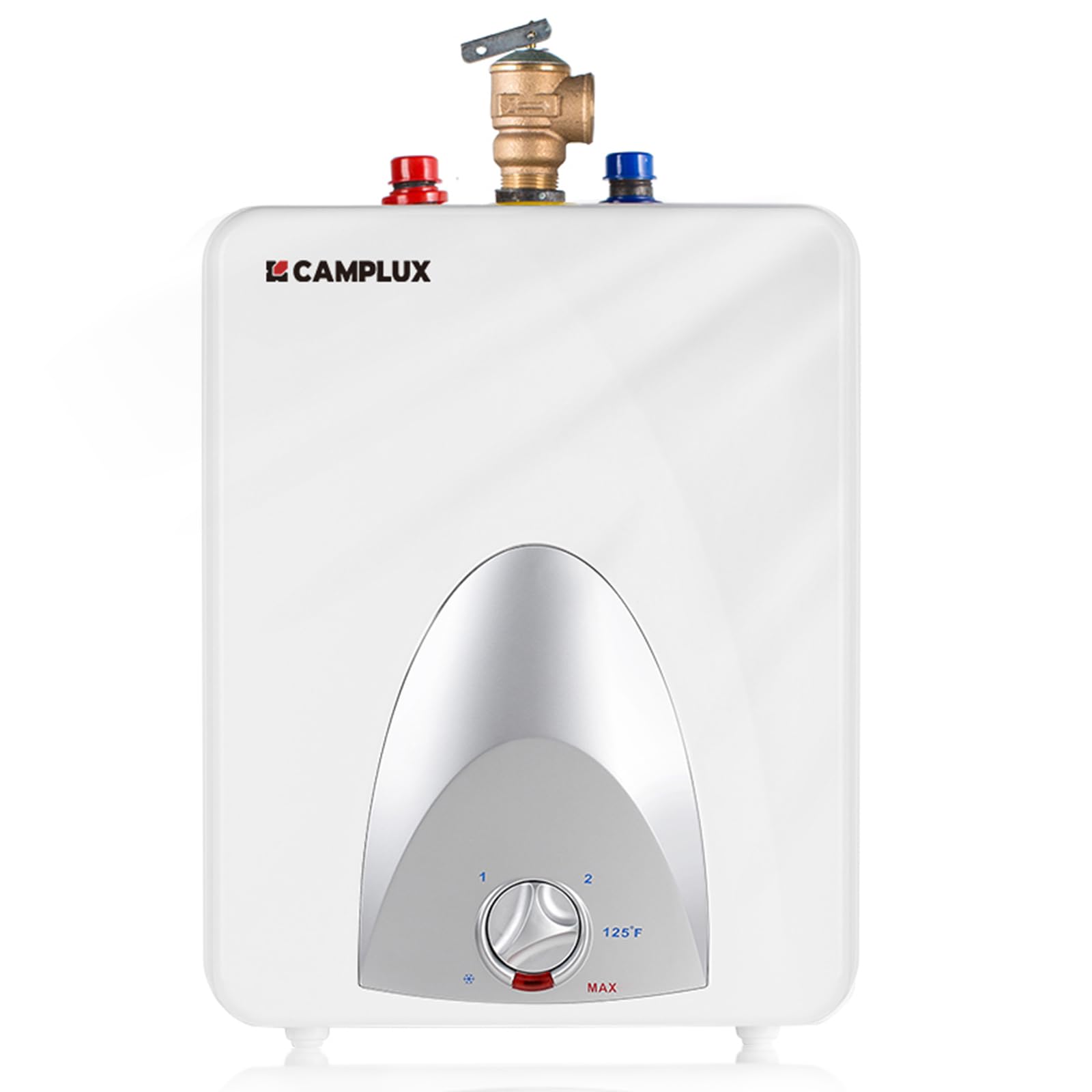 CAMPLUX ME25 under-sink installation showing compact hot water heater location.