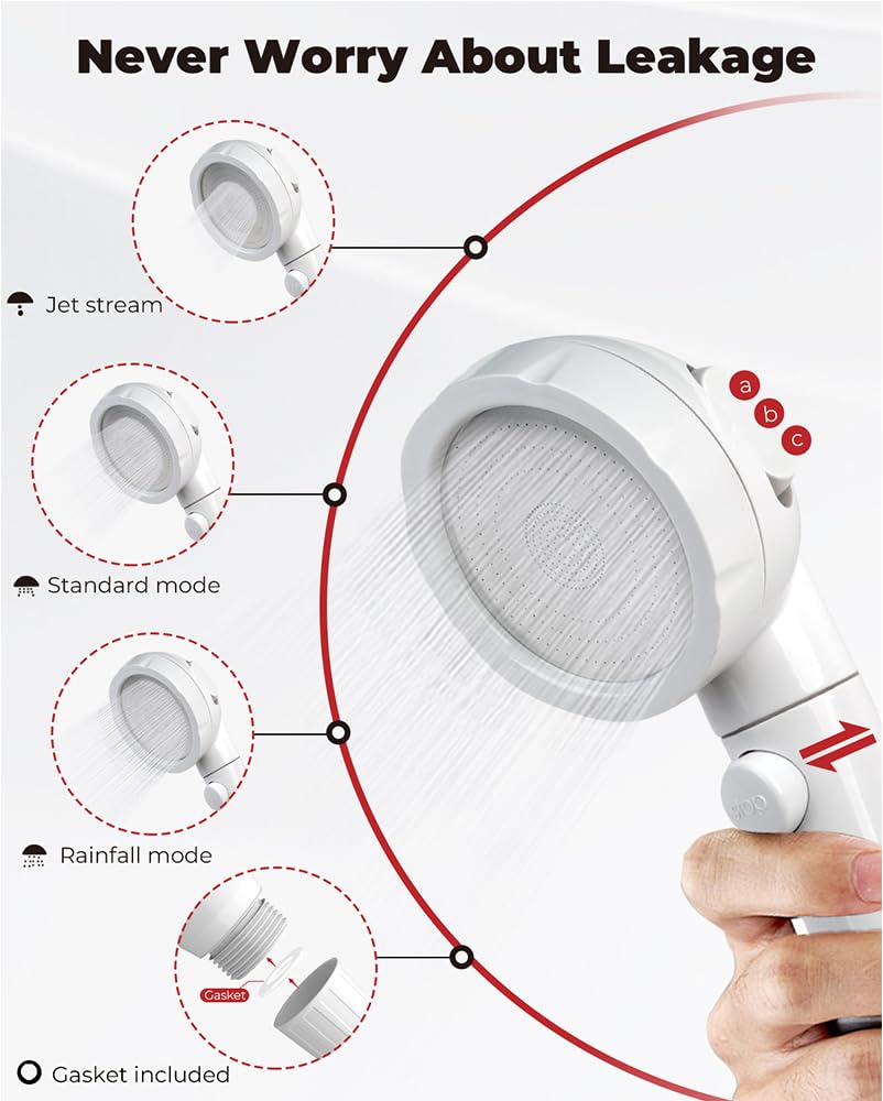 CAMPLUX showerhead showing three spray settings for versatile outdoor cleaning.