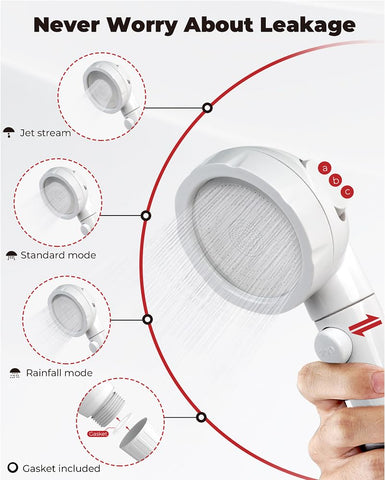 CAMPLUX showerhead showing three spray settings for versatile outdoor cleaning.