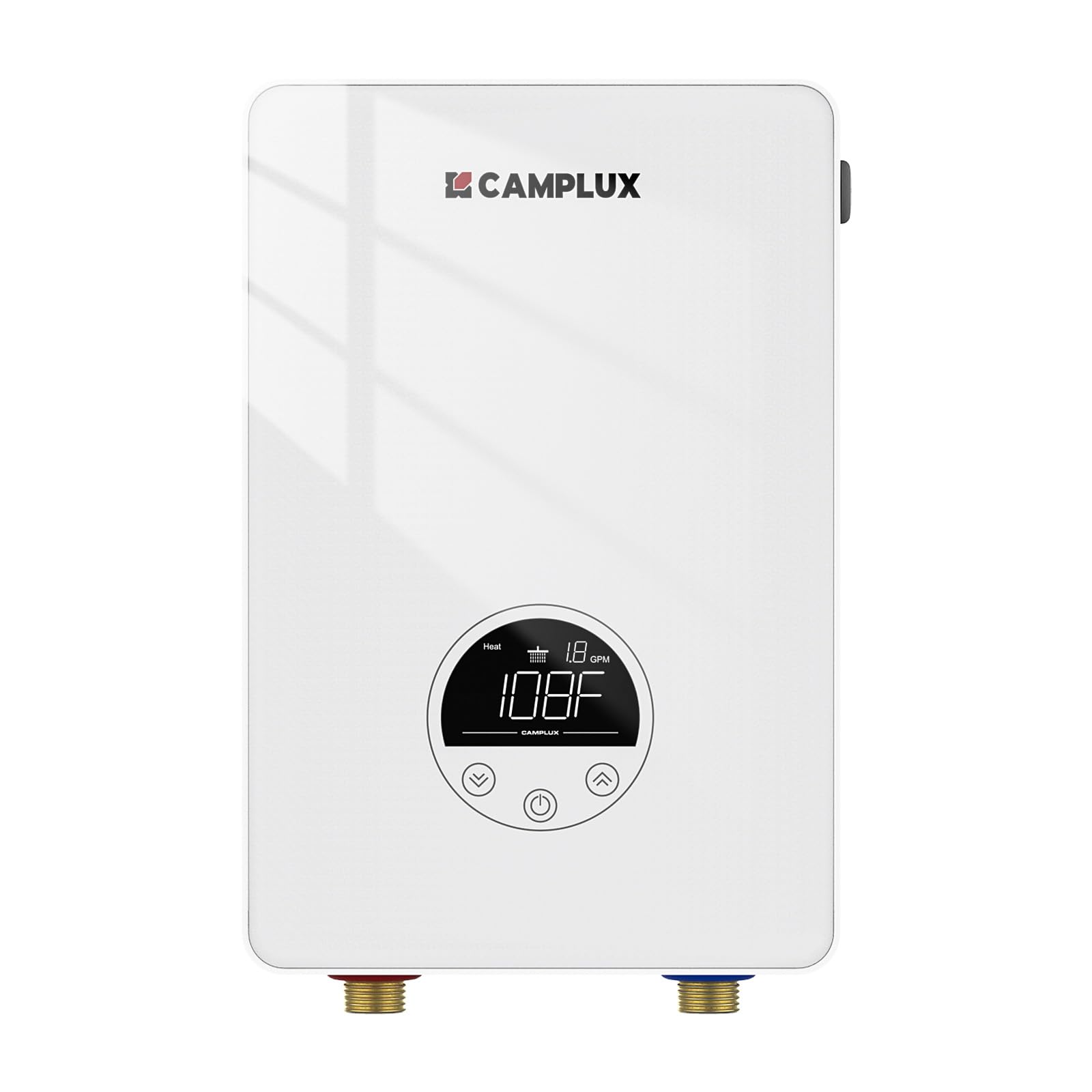 CAMPLUX tankless water heater delivers instant hot water at point of use.