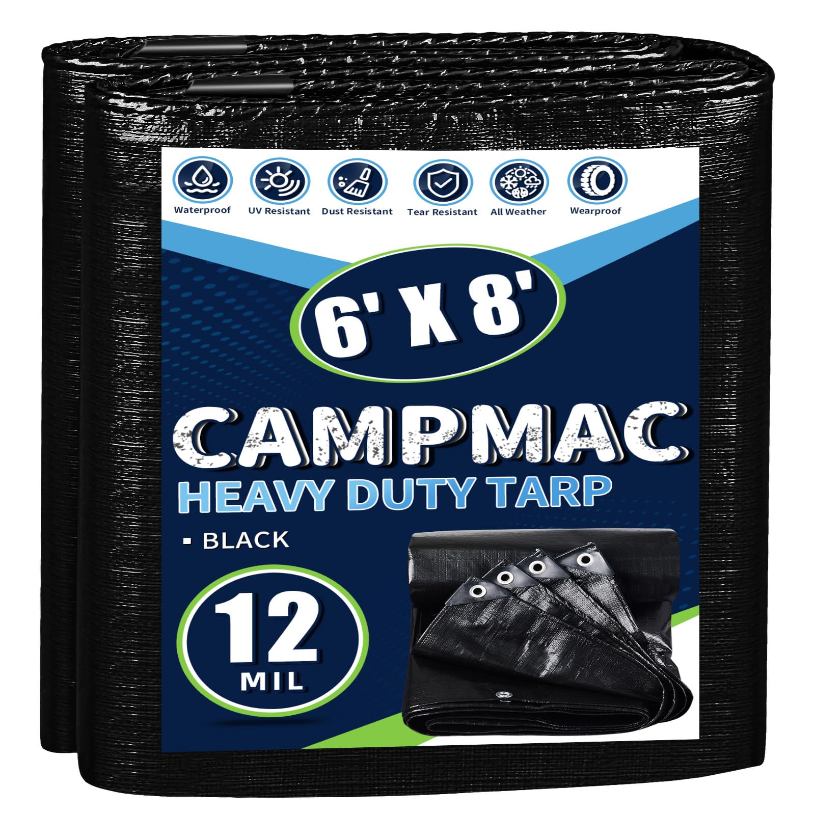 CAMPMAC black tarp close-up shows 12 mil thickness for rugged outdoor durability.