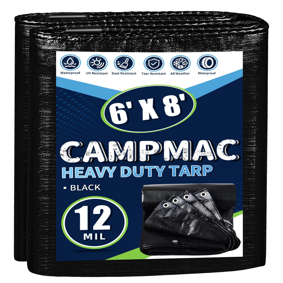CAMPMAC black tarp close-up shows 12 mil thickness for rugged outdoor durability.