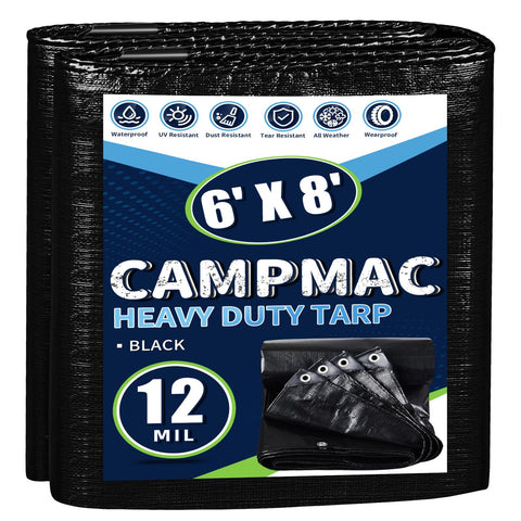 CAMPMAC black tarp close-up shows 12 mil thickness for rugged outdoor durability.