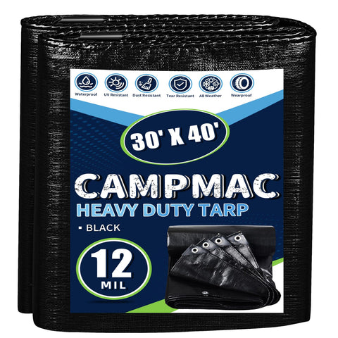 CAMPMAC black tarp 30x40 shows 12 mil thickness protecting gear from rain