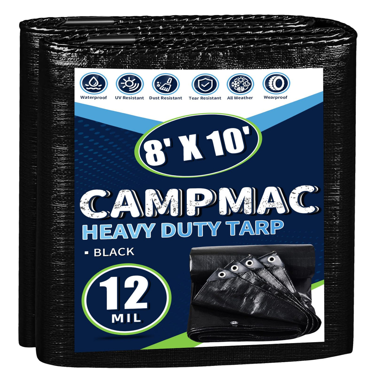 CAMPMAC black tarp 8x10 provides durable outdoor coverage and weather protection.