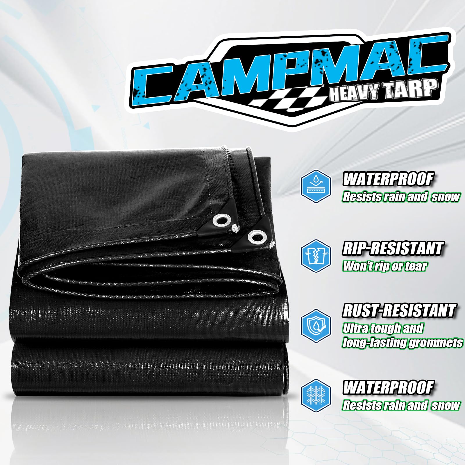 CAMPMAC tarp with anti-rust grommets every 20 inches for secure anchoring.