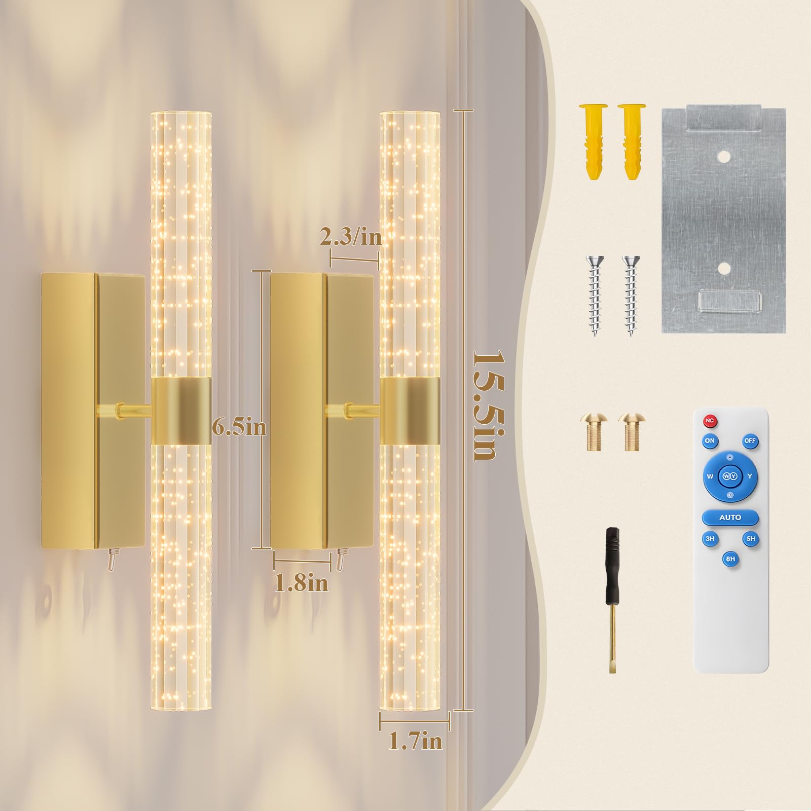 Camuucci brass finish with bubble crystal cylinder adds elegant atmosphere.