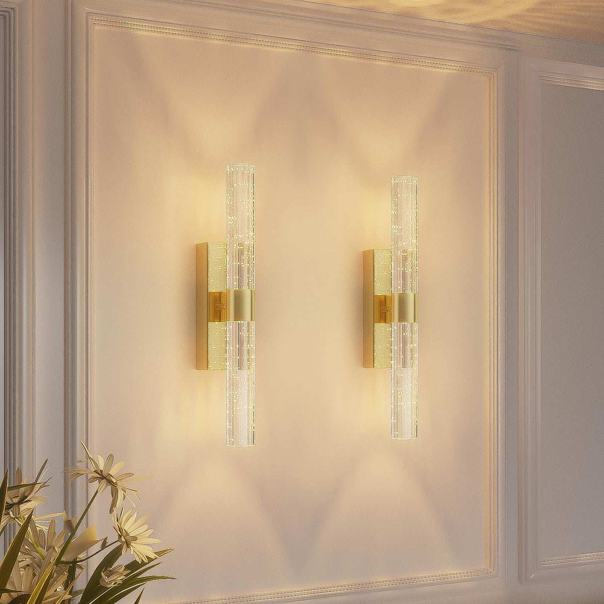 Camuucci battery wall sconces mounted on wall in a gold finish for modern ambiance.