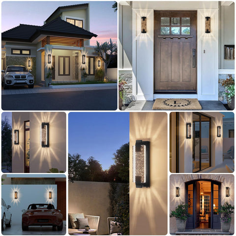 Camuucci wall sconce showcases bubble crystal cubes, creating soft shadows along the porch.
