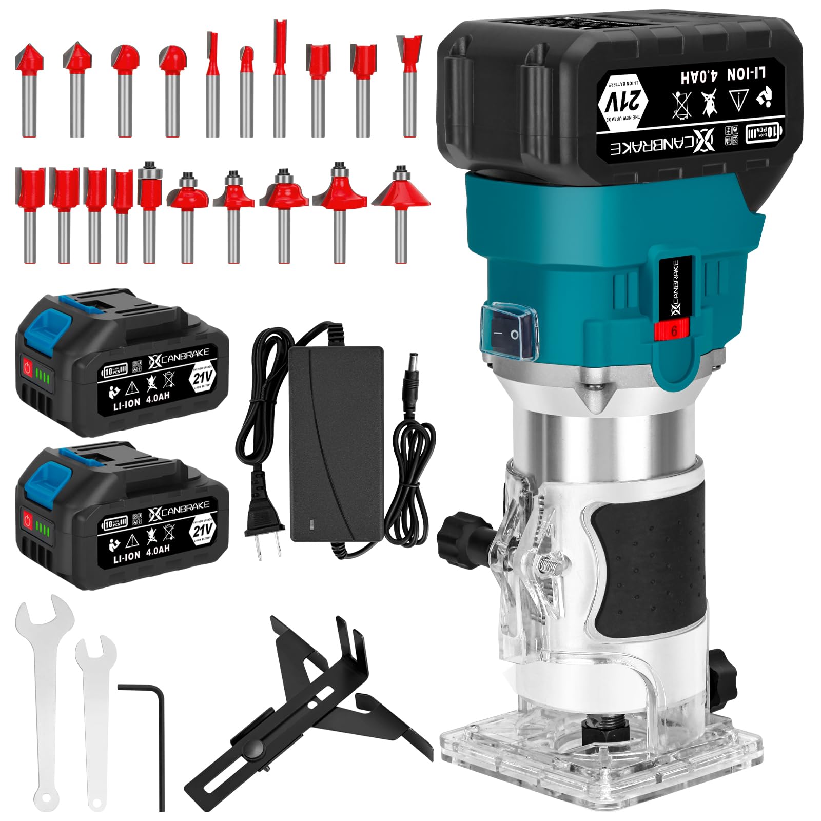 Canbrake cordless wood router base for precise height adjustments.