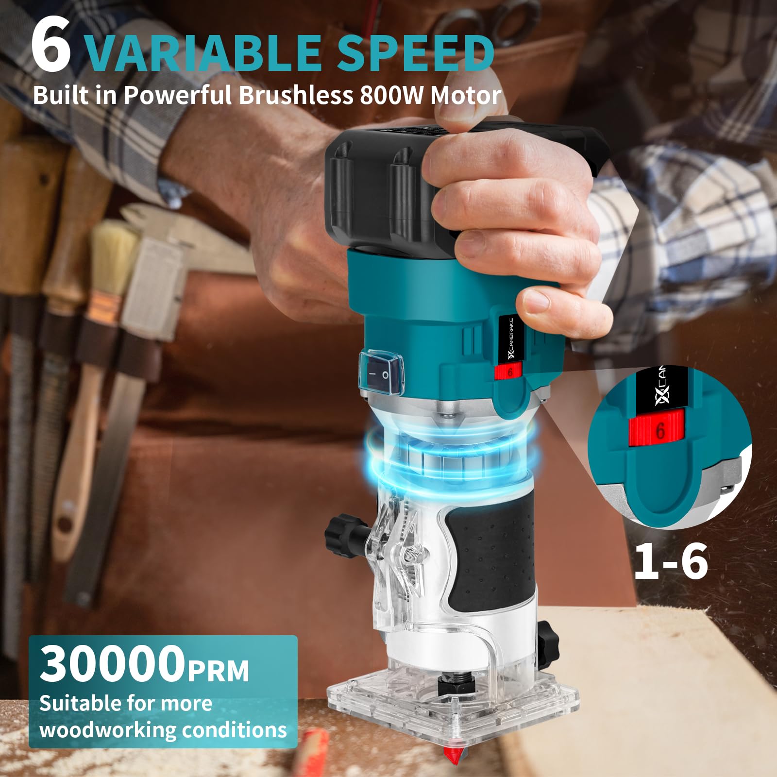 Canbrake cordless wood router brushless motor delivers smooth operation.