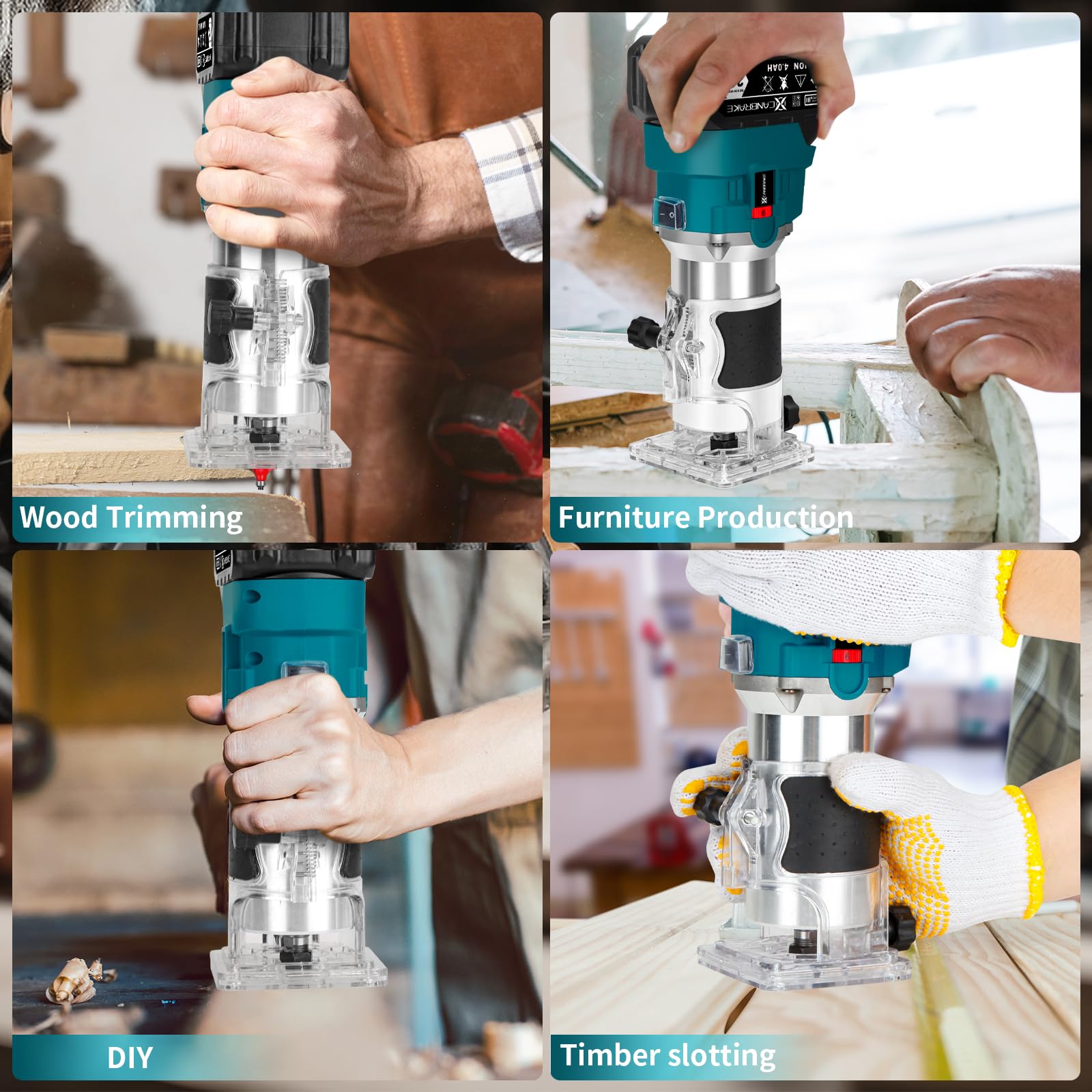 Canbrake cordless wood router in action with guide for accurate routing.