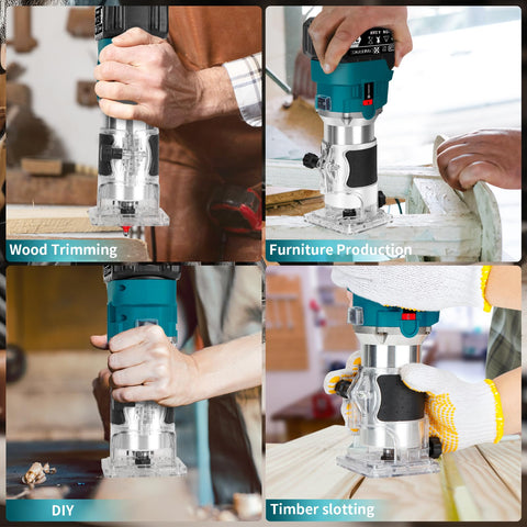 Canbrake cordless wood router in action with guide for accurate routing.